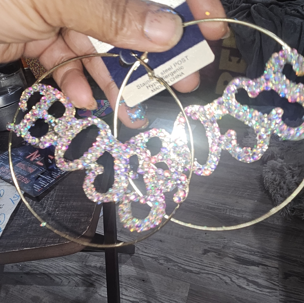 Large hoop BOSS blinged out crystal rhinestones earrings! Custom-made..